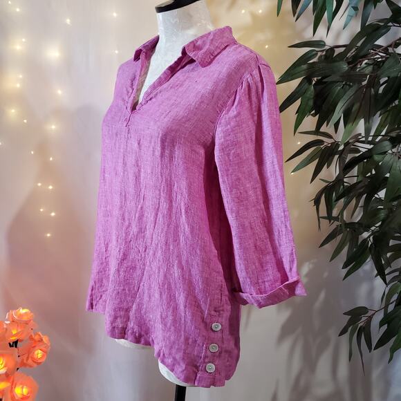 Tahari NWT 100% Linen Pink 1/2 Sleeve V-Neck Collared Tunic Top Women's Size S - Picture 2 of 8